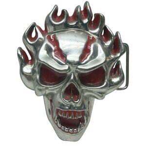 Flaming Skull Belt Buckle Hidden Cigarette Case Red Enamel Metal 4" Gothic Biker